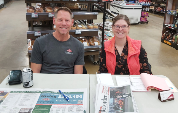Boissevain &amp; Morton Foundation Treasurer Jim Dickinson (left) and Executive Director Carol Light were in the Boundary Co-op grocery store on November 10 to solicit donations for the Endow Manitoba Giving Challenge. With help from two higher levels, each $5 donated becomes $7 and the challenge ends on Sunday.