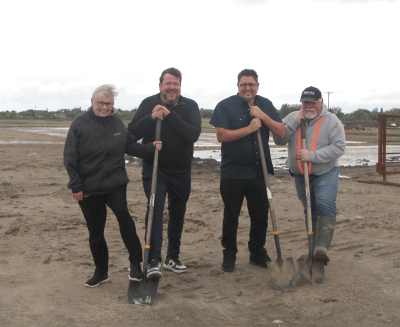 (L-R): Boissevain-Morton Head of Council Judy Swanson, Municipal and Northern Relations Minister Glen Simard, Boissevain-Morton CAO Leo Poulin, Urban Foreman Doug Harper, officially put the shovels in the ground for the new lagoon project in Boissevain.