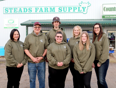 Steads Farm Supply celebrated 30 years at a special gathering with the public and customers on April 15, with their staff in attendance. Front (L-R): Amanda Vorster, David Stead, Rosalie Klassen, Ashlynn McCoy. Back: Matthew Stokes, Hazel Stead-Thorne, Ann Stokes.