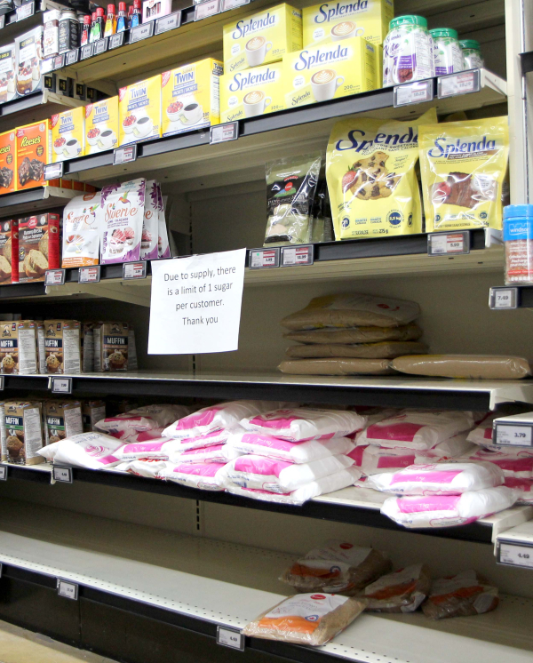The Boundary Co-op in Boissevain on Thursday, November 30, still has some icing and brown sugar, but the shelves were mostly empty. The sugar strike in the Rogers refinery in Vancouver is starting to show in local stores, and might mean some changes to Christmas baking routines. Ritz cracker apple pie anyone?