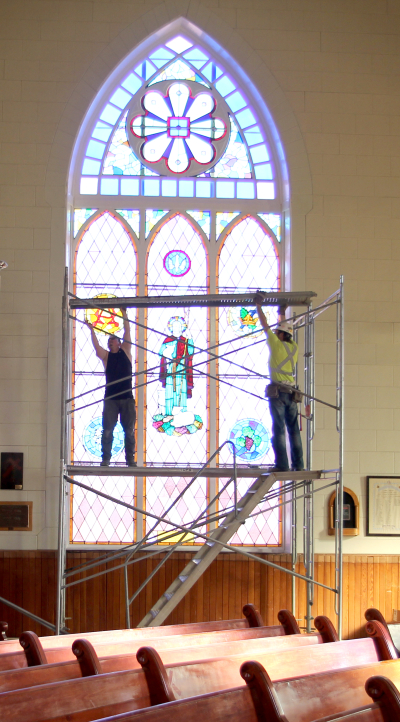 On Friday, April 10, St. Paul’s United Church in Boissevain was able to welcome back the light through their large south stained glass window. The protector window was replaced, as well as the sills, by Lampert Property Management over many months. It was meticulous work and the congregation was happy to see the results.