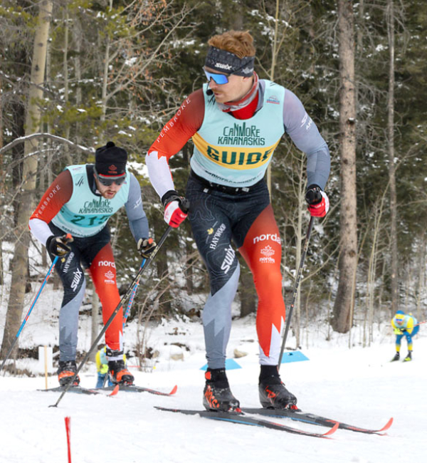 Boissevain native Levi Nadlersmith (front) leads Paralympic skier Jesse Bachinsky on a cross-country ski race in Canmore. Nadlersmith will be guiding the visually impaired athlete at the Paralympic Games in Italy, a new addition to his skiing career.	