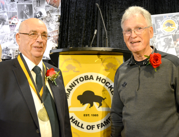 Boissevain’s Ivan Strain (left) and Deloraine’s Bob Caldwell are two of the newest inductees in the Manitoba Hockey Hall of Fame. They were honoured on October 3 for their longtime commitment to the sport. 