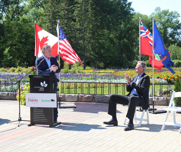 North Dakota Governor Doug Burgum (left) gives a fond farewell to outgoing Manitoba Premier Brian Pallister while Peace Garden CEO Tim Chapman looks on. The premier and governor were at the Garden to announce $15 million in funding on August 30. This was Pallister’s last appearance as premier, stepping down on September 1.